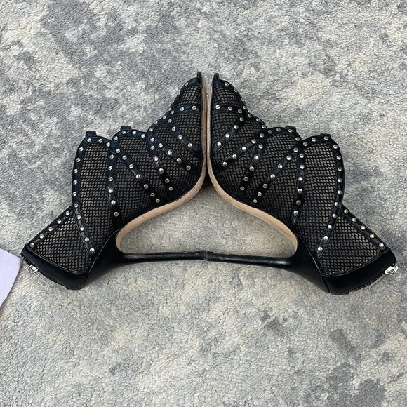 SOLD Jimmy Choo Karina Black Fishnet Studded Calf Leather Cage Heels with Box 37 - Picture 9 of 16